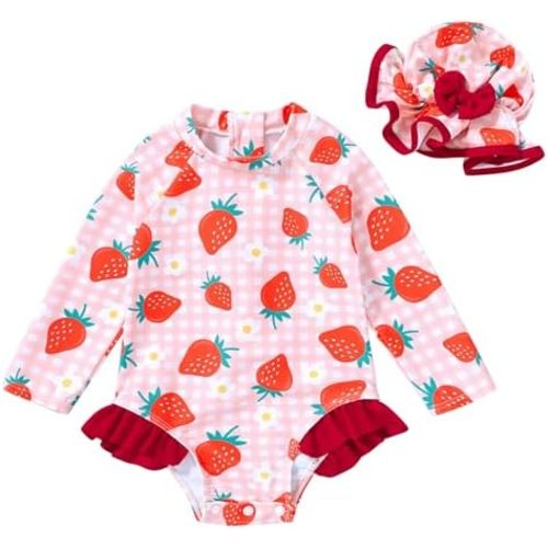 Infant Baby Girl Swimsuit One-Piece Long Sleeve Rash Guard with Hat Set Floral Zipper Bathing Suit Leopard Beach Wear