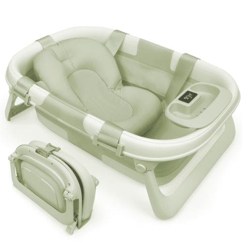 Jool Baby Fold ‘n Store Baby Bathtub – 3 Stage Collapsible Bather for Easy Storage, Portable for Travel – Built-in Thermometer (Sage)