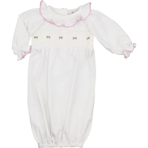 White Knit Smocked Rosette Baby Gown - Cecil and Lou