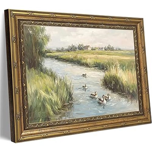 Vintage Gold Framed Wall Art, pond Mallard Duck Lake Canvas, Wildlife Nature Reed Scenery 9x11 Inch,Living Room Bedroom Office Rustic Decor