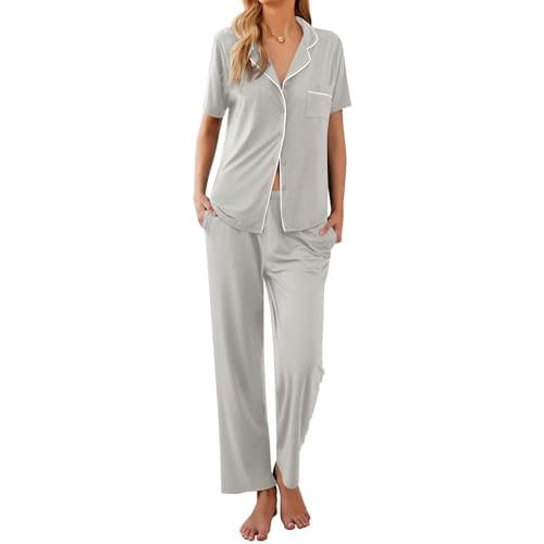 Ekouaer Women Pajamas Set Button Down Sleepwear Short Sleeve Nightwear with Long Pants Soft Pjs Set S-XXL