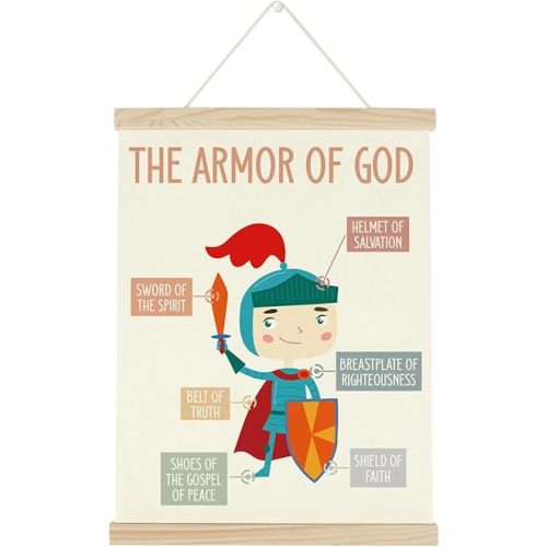 WINGTECA Kids Scripture Poster Christian Boho Decor Hanger Frame Classroom Back to School Decorations The Armor of God Colorful Wall Hanging Banner Decor for Classroom Kids Room Preschool 12x16Inch