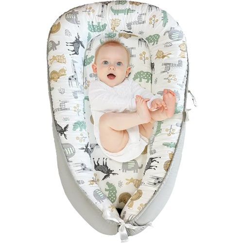 JIFTOK Baby Nests Lounger for Newborn, Snuggle Sleeping Bassinet for 0-24M, Breathable Portable Co Sleeping Bed, Baby Essentials Adjustable Infant Soft Cotton Loungers for Home & Travel -Zoo