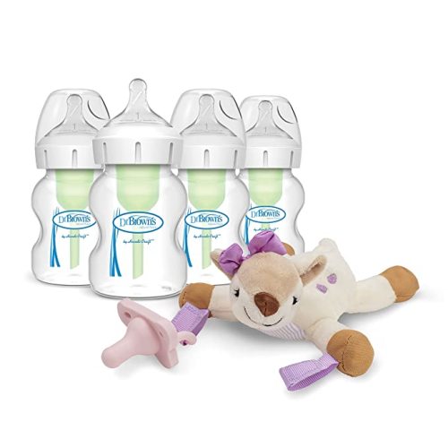 Dr. Brown’s Natural Flow® Anti-Colic Options+™ Wide-Neck Baby Bottles 9 oz/270 mL, with Level 1 Slow Flow Nipple, 4 Pack & Deer Lovey with HappyPaci Pacifier, 0m+ - Gift Set: 9 oz, 4 Pack with Deer Lovey & HappyPaci Pacifier