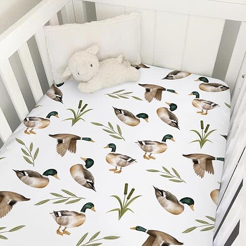 Vintage Mallard Duck Leaves Baby Crib Fitted Sheet 52''x28'' Duck Hunting Stretchy Fitted Crib Mattress Sheet for Boy Girl Wild Duck Soft Nursery Bed Sheet for Standard Crib and Toddler Mattress