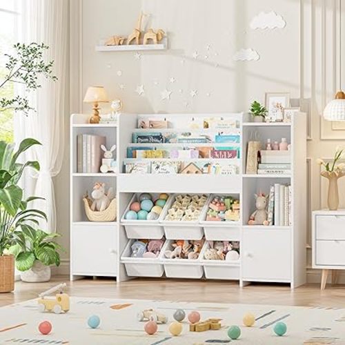 FINETONES Toy Storage Organizer with 6 Toy Bins, Toy Organizer Kids Bookshelf with 6 Cubbies, Toy Organizers and Storage Bins Playroom Storage for Kids Room, White