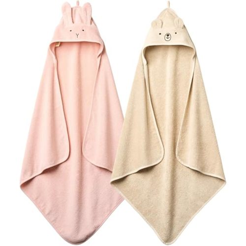 Baby Hooded Towel – Organic Cotton Baby Bath Towels – Baby Towels, Baby Bath Towels for Baby Girl, 32" x 32" Super-Soft and Absorbent Baby Towels 2-Pack (Rabbit Blush/Bear Fog)