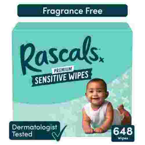 Rascals Fragrance Free Natural Aloe Sensitive Baby Wipes, 648 Count with 3 Inner Packs