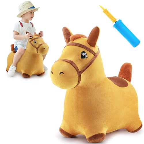 iPlay, iLearn Bouncy Pals Yellow Hopping Horse, Outdoor Ride on Bouncy Animal Play Toys, Inflatable Bouncer Plush Bounce Hopper, Birthday Gift for 18 Months 2 3 4 5 Year Old Kids Toddlers Boys Girls