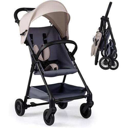 BABY JOY Lightweight Travel Stroller, Compact One-Hand Fold (Beige)