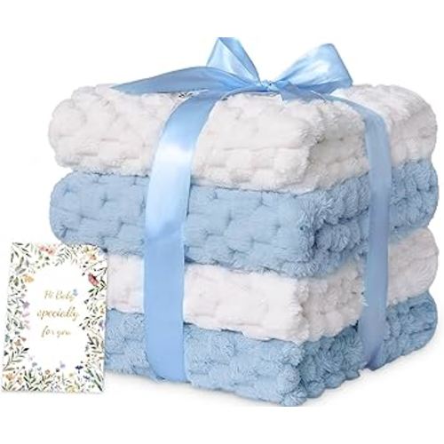 HOMRITAR 4 Pcs Baby Blanket for Unisex 3D Flannel Fleece Fluffy Blankets for Baby Soft Plush Breathable Bed Blanket for All Season Toddler Infant or Newborn 30 x 40 Inch (2 Pcs Blue, 2 Pcs Cream)
