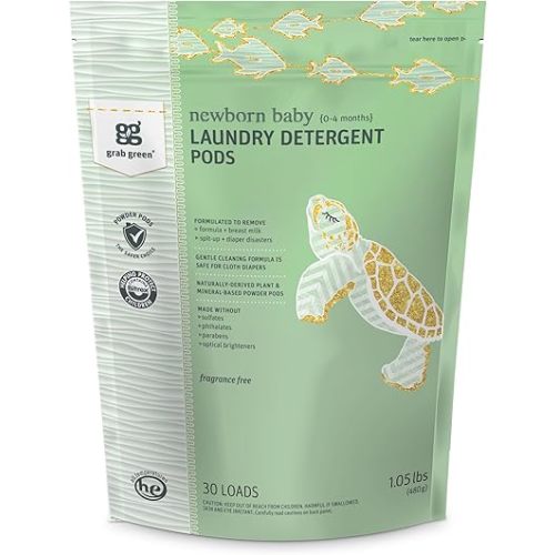 Grab Green Newborn Baby Laundry Detergent Pods, 30 Loads, Fragrance Free, Mineral Based, Non-Toxic, Stain Remover