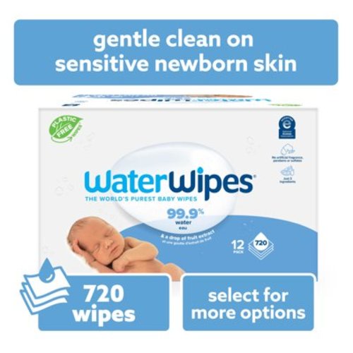 WaterWipes Original Baby Wipes, 99.9% Water Based, Fragrance-Free, for Sensitive Skin, 12 Packs (720 Wipes)
