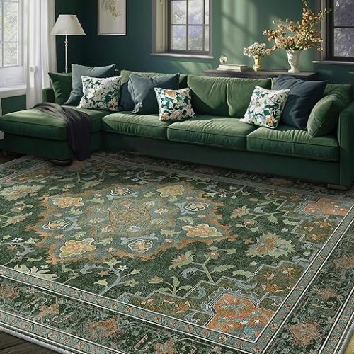 Machine Washable Rugs Nursery Rug 8x10 Area Rugs Non Slip Low Pile Water Repellent Soft Print Pattern for Bedroom Indoor Decor Kids Playroom Green