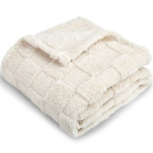 3D Gingham Fleece Baby Blanket for Girls Boys Chessboard Grid Warmer Comfort Reversible Shaggy Cozy Decor for Home Bed Blanket for Toddlers 30 x 40 Inches,Cream