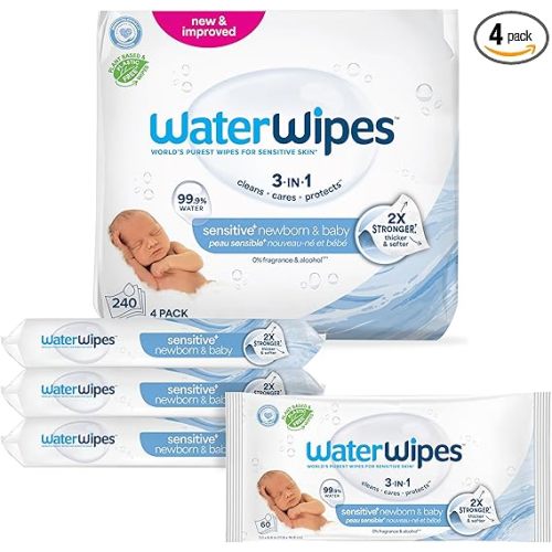 WaterWipes Sensitive+ Newborn & Baby Wipes, 3-In-1 Cleans, Cares, Protects, 99.9% Water, Unscented & Hypoallergenic, 240 Count (4 Packs)