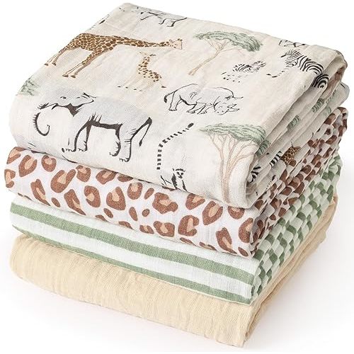 david's kids 4 Pack Baby Muslin Swaddle Blankets, 100% Cotton and Ultra Soft Breathable Receiving Blanket Wrap for Boys Girls, New Born Essentials, Large 47 x 47 inches, Animals