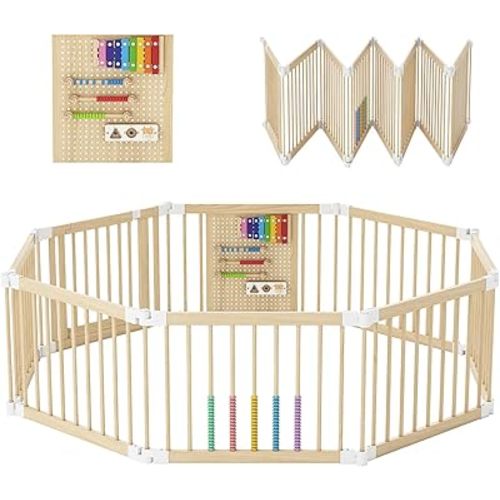 Baby Playpen - Wooden Playpen for Babies and Toddlers, Foldable Play Pen with Locking Gate, Portable Baby Fence with Adjustable Shape and Size, Extra Large Toddler Play Yard (59X59x21Inches)