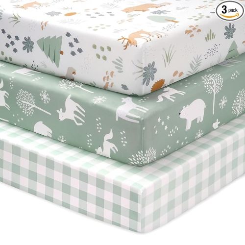 FIEMOL Baby Crib Sheets for Boys and Girls, 3 Pack Fitted Crib Sheets Neutral for 52”x28” Standard Crib and Toddler Mattresses, Ultra Soft & Silky Smooth Microfiber Green Forest Bear