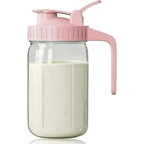 Breast Milk Pitcher, Mason Jar 32 oz, Heavy Duty Wide Mouth Jar with Pink Flip Cap Lid and Pour Spout, Airtight Seal for Freshness and Convenience, Great for Cold Beverages and Home Entertaining