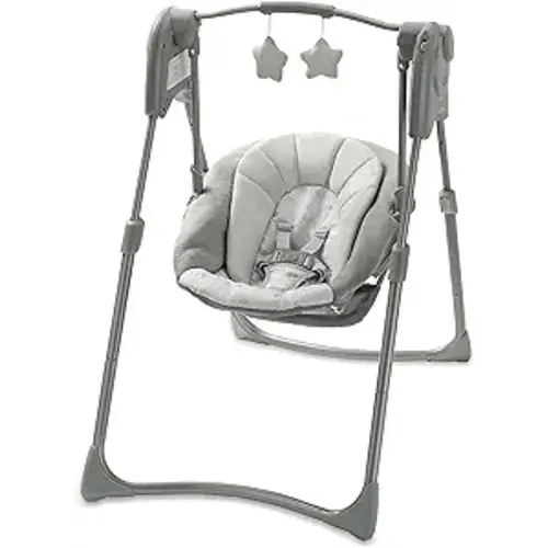 Graco Slim Spaces Compact Baby Swing, Space Saving Portable Bay Swing with Height Adjustable Legs & Soft Toys, Reign
