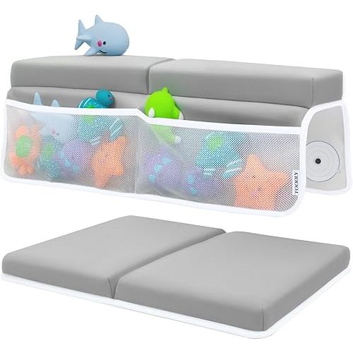 Baby Bath Kneeler and Elbow Rest Pad Set - Baby Bath Support for Knees and Elbows - Bath Kneeler Pad with Memory Foam and Bath Toys Organizer - Ideal Bath Kneeling Pad for Bathing Baby - Grey