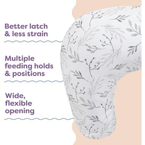 Boppy Nursing Pillow - Firm, Ergonomic U-Shaped Bottle and Breastfeeding Pillow with High Lift for Comfort and Support, Spacious Surface - Gray Gentle Leaves