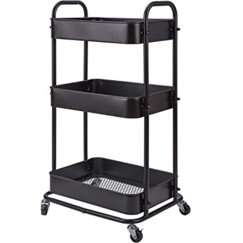YOHKOH 3-Tier Metal Rolling Utility Cart, Storage Trolley Cart with Mesh Baskets and Lockable Wheels for Bathroom Kitchen Office (Dark Black)