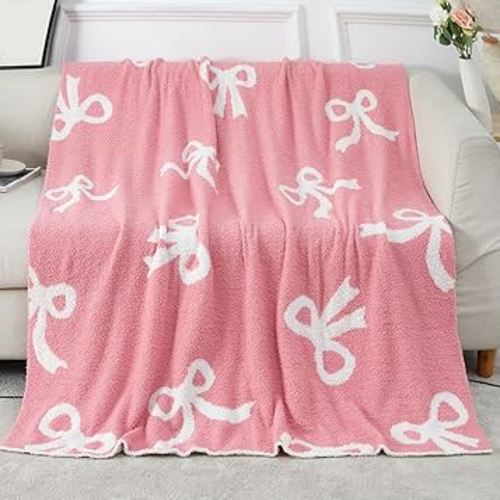 50" x 60" Bed Throw Blanket, Bow Pattern Throw Blanket for Home Decor and Gift, Microfiber Blanket Bow Blanket Plush Bedding, Soft Cozy Fluffy Throw Blankets for Couch, Sofa (F)