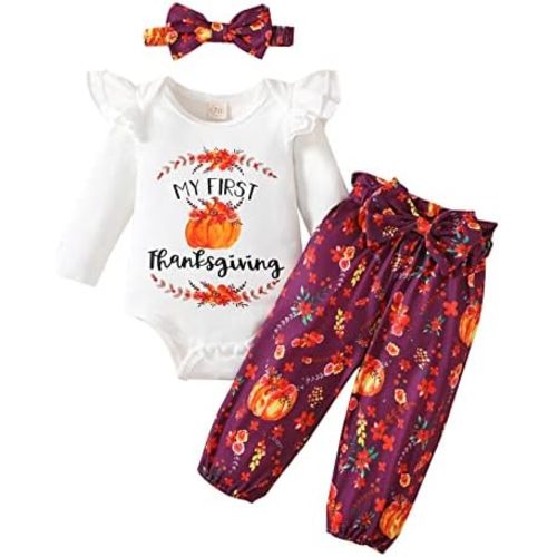 TUEMOS Thanksgiving Outfits Baby Girl My First Thanksgiving Romper+Polka Dot Pant+Headband Baby Girl Thanksgiving Clothes Set