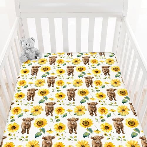HawSkgFub Highland Cow Sunflower Fitted Standard Crib Sheet for Baby Girl, Fall Western Farm Animal Yak Flower Toddler Mattress Cover, Soft Stretchy Nursery Bed Sheets Floral Decor Kids Gift 52" x 28"