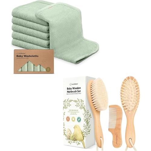 KeaBabies Baby Washcloths for Newborn, Kids and Baby Hair Brush and Baby Comb Set - Bath Baby Towels, Face Towel, Face Cloths - Wooden Baby Brush with Soft Goat Bristle