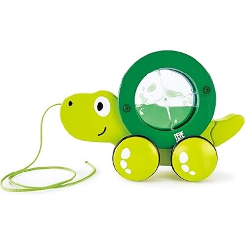 Hape Tito Pull Along | Wooden Turtle with Swirling Shell Pull Toddler Toy, Green