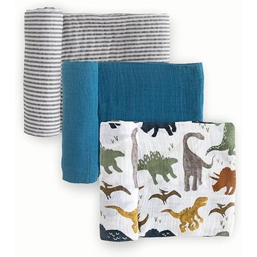 Little Unicorn Premium Muslin Swaddle Blanket 3 Pack | for swaddling, Play, Nursing & More | Giftable Set of 3 (Dino Friends 2)