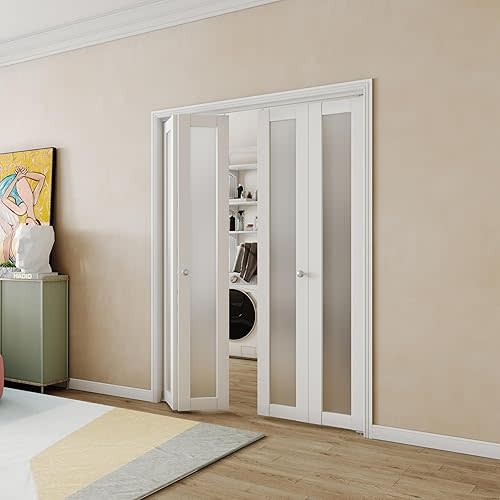 BARNER HOME Closet Doors, Double Frosted Glass Panel Bi-Fold Door, Finished, Multifold Interior Doors, Folding Door with Hardware Kits for for 48" (Double 24") x 80" Opening