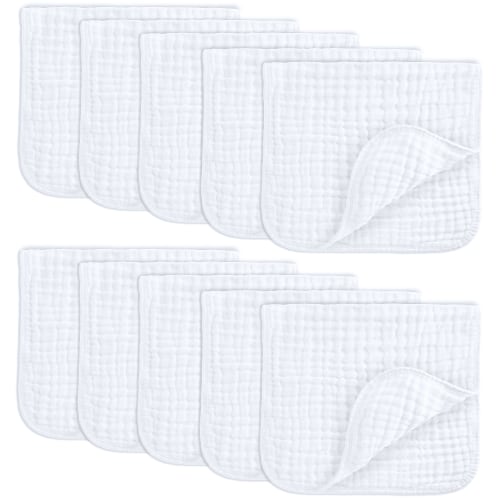 Comfy Cubs Muslin Burp Cloths - Large 100% Cotton Washcloths, 6 Layers (White, 10-Pack, 20"X10")