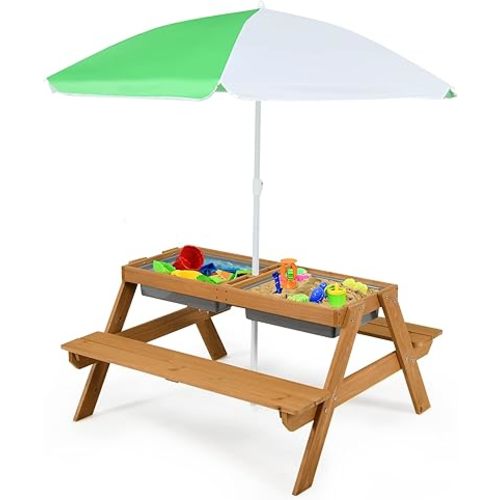 Costzon Kids Picnic Table with Sensory Bins, 4 in 1 Sand and Water Table with Height Adjustable Umbrella, Removable Tabletop, Wooden Kids Outdoor Table for Backyard Patio Play
