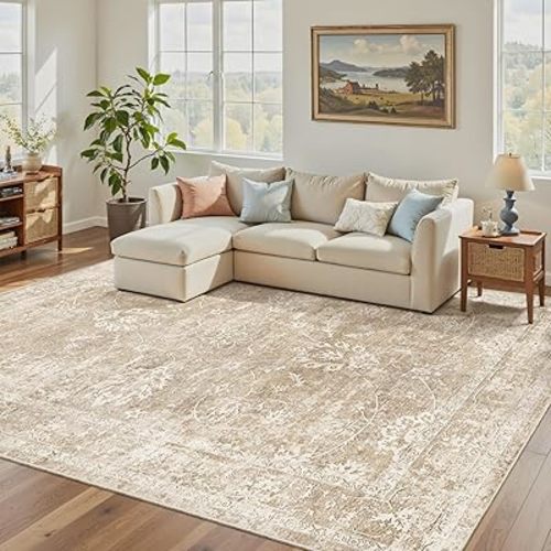 Madane Washable 7x9 Area Rugs for Living Room, Vintage Natural Rug with Non-Slip Backing, Soft Stain Resistant Throw Rugs Thin Carpet for Bedroom Dining Room Farmhouse (7 x 9, Beige/Brown)