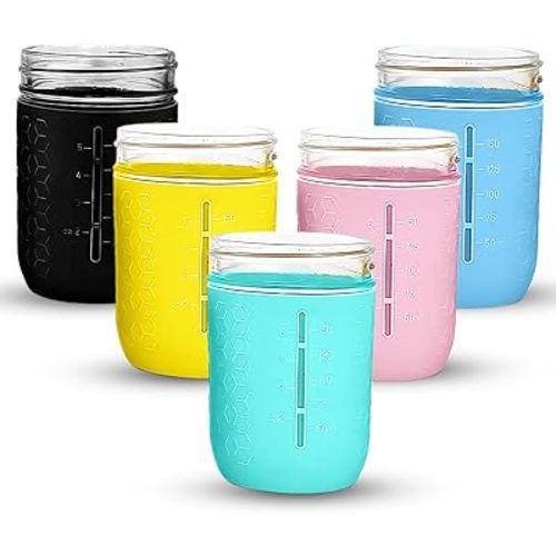 Mason Jar Silicone Sleeve - Multi-Color Protective Covers, Non-Slip Protection for 8oz Regular Mouth Jars, Easy Grip Hex Pattern, Volume Markings & Measurements - 5 Pack