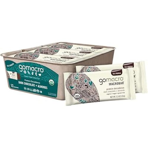 GoMacro MacroBar Organic Vegan Protein Bars - Dark Chocolate + Almonds (2.3 Ounce Bars, 12 Count)
