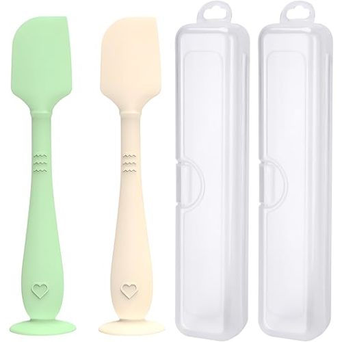 2 Pack Diaper Cream Spatula with Hygienic Travel Case, Butt Spatula Baby with Suction Base, Baby Butt Paste Spatula, Soft Silicone Diaper Rash Cream Applicator Large Size (Green & Offwhite)