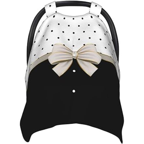Black White Polka Dot Bow Car Seat Canopy Cover, Universal Fit for Infant Car Seats，Breathable,Multi-Use Nursing Cover, Gift Ready