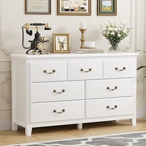Farmhouse 7 Drawer Dresser for Bedroom, Chest of Drawers with Antique Handles, Modern Wooden Dressers, Vintage Rustic Dresser Storage Organizer for Bedroom, White