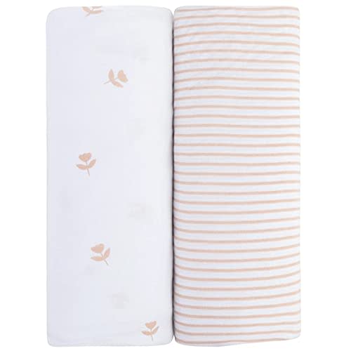 Pack and Play Sheet 2 Pack - Pack and Play Sheets Fitted with 100% Jersey Cotton - Pack N Play Mattress Sheets for Boys and Girls, Newborn Essentials (Pink Tulips & Stripes)