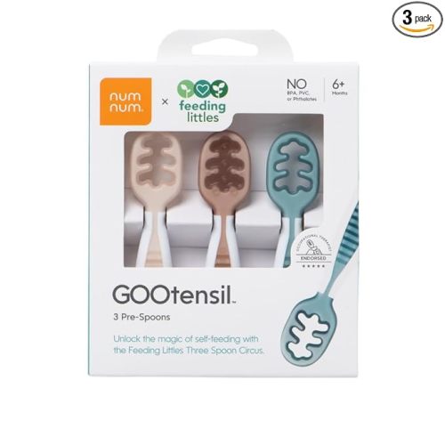 NumNum Baby Spoons Set, Feeding Littles x Silicone Pre-Spoon GOOtensils for Baby Led Weaning, Self-Feeding & Teething, First Stage Toddler Utensils for Ages 6+ Months, 3-Pack, BPA-Free (Neutrals)