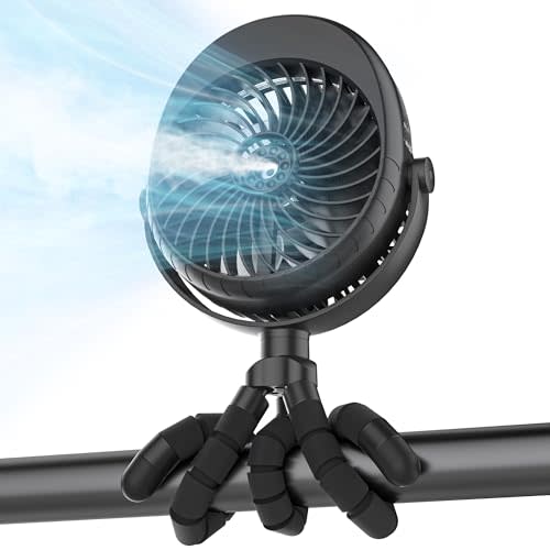 Misting Baby Stroller Fan, 4000mAh Rechargeable Battery Operated, 270°Pivoting, 15H Cooling,50ml Portable Water Sprayer Misting Fan with Flexible Tripod Clip on Car Seat Crib Treadmill Bunk Bed