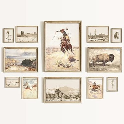 Aroutde Western Cowboy Canvas Wall Art Set, Vintage Western Print Cowboy Rodeo, Desert Landscape, Bison Farmhouse Picture, Rustic Southwest Wall Decor for Bedroom Eclectic Home Bathroom Deccorations 12Pcs (Unframed)