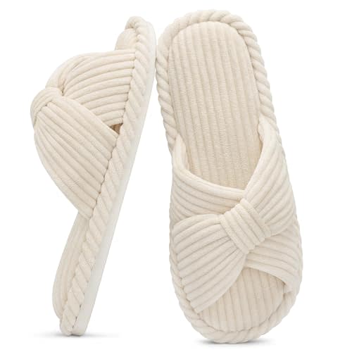 Evshine Fall House Slippers for Women Corduroy Cross Bow Indoor Slippers Open Toe Slip On Bedroom Shoes with Memory Foam