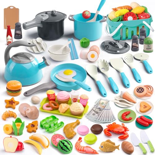 130Pcs Kitchen Playset, Toddler Pretend Cooking Play Pots, Pans, Utensils Cookware, Daily Food Fruit Veges, Shopping Storage Basket, Dessert, Prop Money, Learning Gift for Child (Turquoise)
