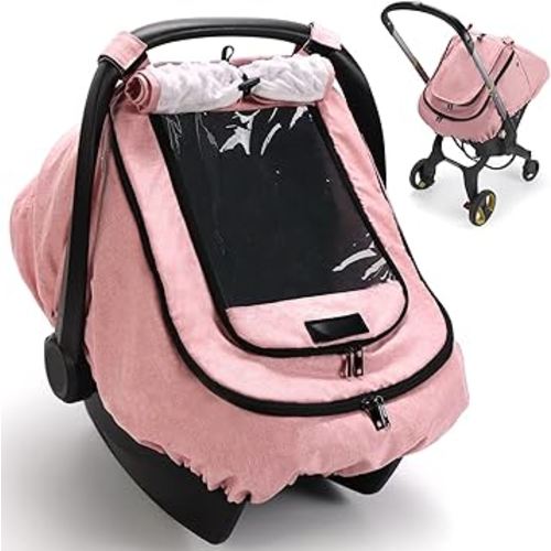 Waterproof Car Seat Cover for Baby, 2-Layer Car Seat Rain Cover with Clear Window & Sunshade & Mesh Cover, Universal Infant Carseat Canopy for Stroller, Protect from Rain and Snow - Pink